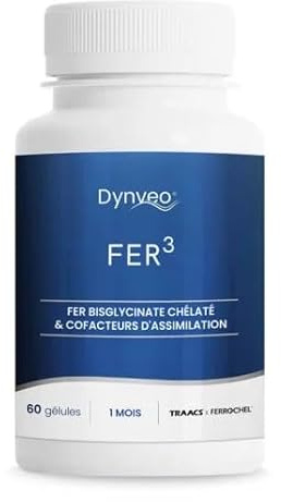 Complexe Fer Vitamine C - Système Immunitaire, Fatigue - Fer Bisglycinate, Lactoferrine, Vitamine C - Forme Naturelle - Haute Assimilation & Biodisponible - 60 Gélules Végétales (1 à 2 Mois) - Dynveo