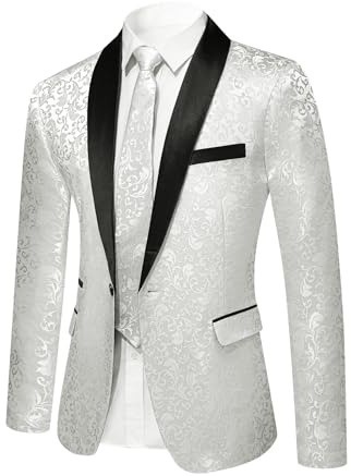 YFFUSHI Blazer da Uomo Jacquard Paisley Giacca da Abito 1 Bottone Giacche da Smoking per Matrimoni, Bianco, XXL