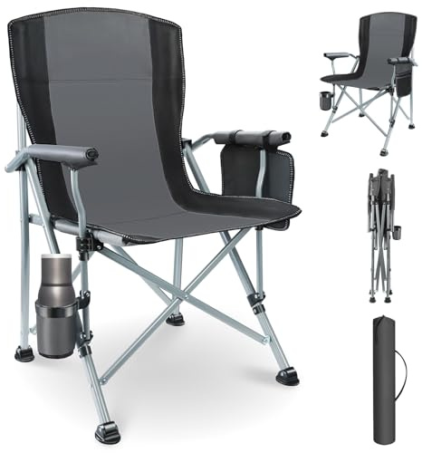 YUMBOT Lyxig campingstol, vikbar 180 kg, lastbar ultrastor med hög rygg, bekväm stoppad, fällstol, camping, trädgård, balkong, strand, campingstol, fåtölj, trädgårdsstol, fiskarstol, grå