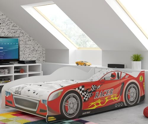 Interbeds Autobett Kinderbett 160x80 Einzelbett Rennwagenbett mit Lattenrost (rot)
