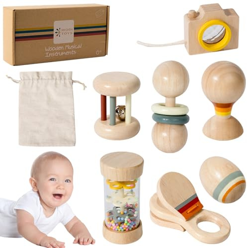 7 pezzi/set sonaglio per bambini in legno sonaglio per bambini naturale organico con bastone della pioggia, campanello, palla di sabbia e altro, Montessori in legno per ragazzi e ragazze giocattoli