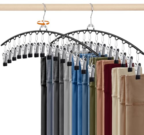 HONZUEN Perchas para Pantalones con Pinzas, 2 Pack Organizador de Armario Ahorra Espacio, 30 Pinzas Colgador Multiple para Pantalones, Faldas, Leggings, Metal Resistente Negro