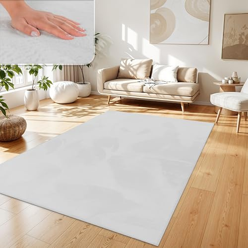 Paco Home Teppich Wohnzimmer Kunstfell weich waschbar modern elegant pflegeleicht Felloptik Uni Seidenglanz flauschig Hochflor, Grösse:160x220 cm, Farbe:Weiß
