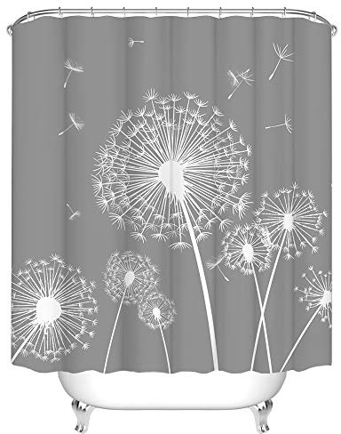 RnnJoile Duschvorhang mit Pusteblumen-Motiv, Grau und Weiß, Duschvorhang für Badezimmer, Dekoration, Stoff, inklusive Haken, 183 x 183 cm
