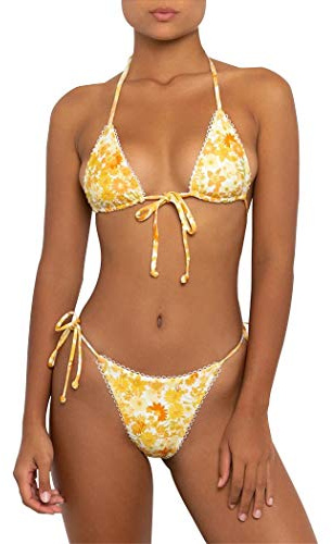 Women's Two Piece Bikini Swimsuit Set Floral Padded Top Tie Side Triangle Thong Bathing Suit Yellow
