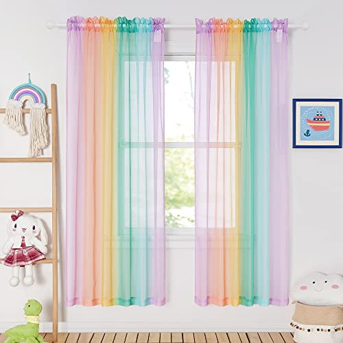 PONY DANCE Voile Curtains for Children's Room - Colorful Printed Net Curtains Purple/Blue Winter Sheer Panels Slot Top Window Privacy Screen for Living Room, 2 Panels, 60x72-Inch