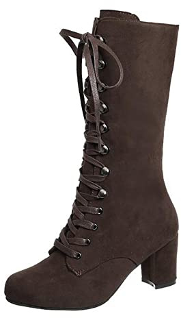 NUSGEAR Women Knee High Boots Ladies Chunky Block Heel Lace Up Mid Calf Military Combat Biker Boots Casual Plus UK Size 4.5-9.5 Brown