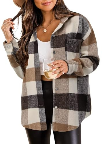 Timuspo Women's Long Sleeve Flannel Checked Blouse Button Down Cotton Shirt Casual Plaid Shacket Tops with Pocket