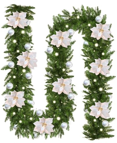 Ghirlanda Natalizia per Porta, TGKYK 2.7m Ghirlande Natalizie con Luci, Palline, Fiori, Durevole Ghirlanda di Natale, Ghirlande Natale per Esterni, Caminetti, Scale (Argento)