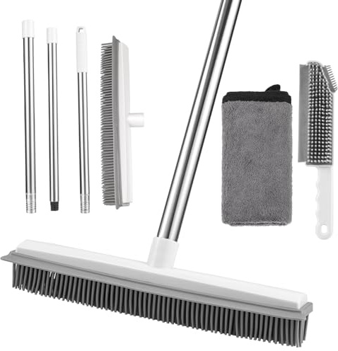 KroY PecoeD 2 in 1 Rubber Broom with Squeegee, Rubber Brush with Adjustable Anti-Rust Long Handle for Human Pet Dog Hair Carpet Kitchen Garden Cleaning(with 1 Handheld Edge Brush+ 1 Dishcloth)