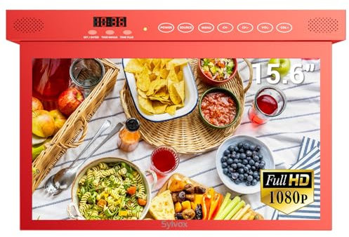 SYLVOX 15.6” Smart Android TV de Cuisine Télévision 1080P|Partage d'écran|HBBTV|Partage d'écran|Fonction minuterie|WiFi Bluetooth|Touches tactiles |Rotation 360°|Rabat vers Le Bas 90°|Rouge