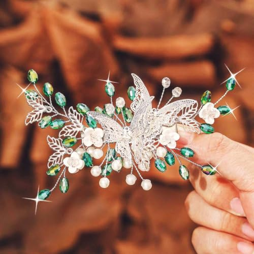 IYOU Bridal Wedding Hair Clips Green Crystal Barrette Hair Comb Butterfly Flower Headpiece Prom Bride Hair Accessories for Women
