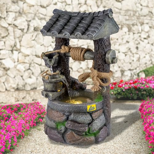 Gartenbrunnen Zierbrunnen Zimmerbrunnen Springbrunnen Märchenbrunnen mit LED Licht 230V Wasserfall Wasserspiel für Garten Gartenteich Terrasse Balkon Sehr Dekorativ