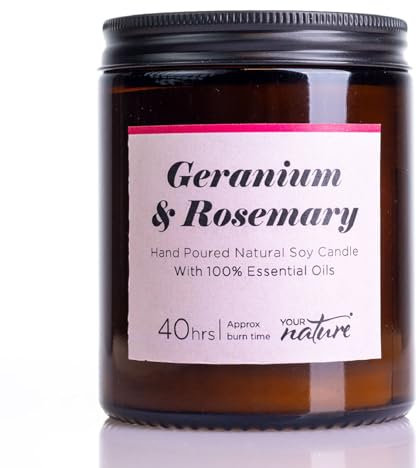 Your Nature Geranium & Rosemary Aromatherapy Candle – Luxury Handmade Soy Wax with Pure Essential Oils, Cotton Wick, Vegan & Eco-Friendly, Long Lasting Fragrance, 140g