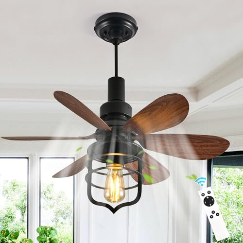 Ganeed Vis dans le ventilateur de plafond douille d’éclairage avec télécommande E27 Petits ventilateurs pour chambre à coucher Ferme Lampe de style industriel Buanderie Garage Couloir Foyer Noir