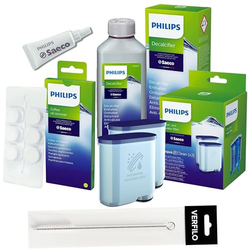 VERFILO Pflegeset für Kaffeemaschinen kompatibel mit Philips AquaClean: Wasserfilter CA6903/22 (2 Stück), Entkalker CA6700, Reinigungstabletten CA6704/10, Schmierfett HD5061, Reinigungsbürste VERFILO