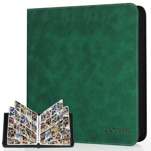 MewVeer Album Cartas, 12 Bolsillos Álbum de Carta Capacidad para 960 Cartas, Álbum de Tarjetas de Béisbol de Calidad y Duradero con Cremallera, Card Binder para Tarjetas YGO/MTG/TCG, Verde Oscuro