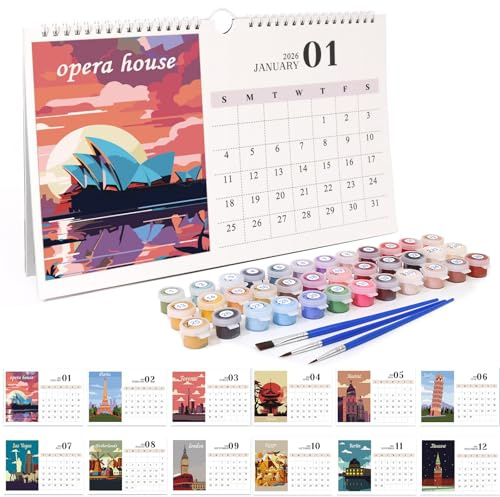 Calendrier mural 2026, peinture avec numéros, calendrier mural nation, paysage, bricolage 2026, avec pinceaux et peinture acrylique pour cadeaux et maison décoration paysage