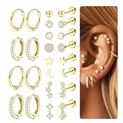 Morfetto 12 Paires Boucles d'Oreilles Femme Acier Chirurgical Inoxydable Hypoallergénique Lot Boucle d'Oreille Plaqué Or 14K Creoles Huggie pour Piercing Oreille Helix Tragus Cartilage Conch