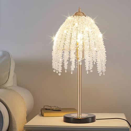 Vintage Waterfall Crystal Table Lamp, 19 Elegant Lamp with Crystal Bead String Shades & Marble Textured Base, for Living Room, Bedroom, Office (Bulb Not Included)