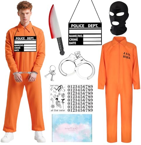 TOLOYE Prisoner Costume Men Women, Prisoner Outfit with Handcuffs Information Board, Convict Costume Adult, Prisoners Jumpsuit Fancy Dress, Inmate Costumes for Halloween Carnival Party Dress Up (L)