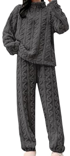 Women'S Pyjama Sets Fleece Pyjamas For Women Uk Thickened Thermal Flannel Pyjamas Stand Collar Long Sleeved Nightwear Loose Comfortable Pyjama Bottoms Solid Coloured Loungewear Autumn/Winter