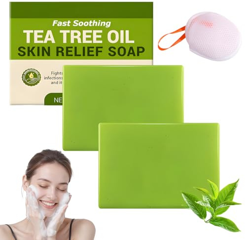 Tea Tree Oil Soap Bar 2 Pcs Tea Tree Soap for Face Body Hand, Natural Essential Oils Acne soap for Women Men, Controls Oil, Clears Pores, Prevents Breakouts, Soothes Fresh Skin, Athlete's Foot