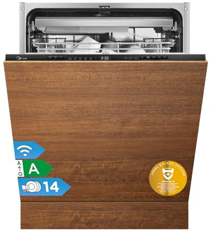 Midea MDWEB1403MB-EA Spülmaschine Vollintegriert 60 cm, 14 Maßgedecke, 9 Programme, Automatische Türöffnung, LED Display, 1/2 Halbe Ladung, Startverzögerung, Geschirrspüler Einbaugerät mit WIFI, 42dB