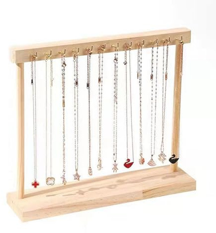 Présentoir à bijoux pour colliers, pendentifs et bijoux, accessoires de présentation, pour bracelets, colliers (couleur bois (double rangée de 24 crochets))