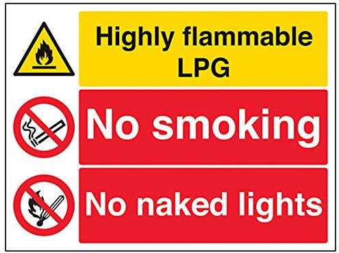 V Safety Highly Flammable Lpg/No Smoking/No Naked Lights Warning Sign - 400mm x 300mm - Self Adhesive Vinyl