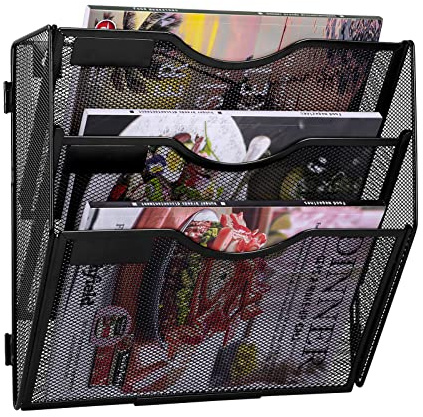 TQVAI 3 Ripiani Organizer Documenti Parete, Portariviste da Parete Metallo Scaffale per Documenti A4 Organizzatore Scrivania Ufficio Casa, Nero