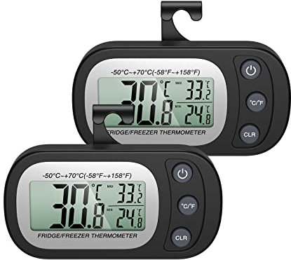 Ankilo 2 Pack Refrigerator Thermometers, Waterproof Mini Fridge Freezer Thermometer, Digital Thermometer with Hook, LCD Display, ℃/℉ Switch + Max/Min Record, for Kitchen, Home, Restaurants