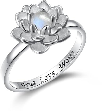 Anillo de loto de piedra lunar, anillo de plata de ley con flor de loto grabada True Love Waits, anillo de fidget de flor de loto natural, joyería espiritual de Buda para yoga, regalos para mujeres, R