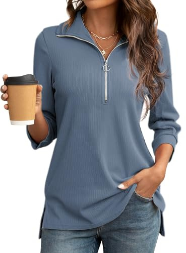 Cuptacc Tshirt Damen 3/4 Länge Ärmel V-Ausschnitt Bluse Leicht Reißverschluss Oberteile Damen Blau Mittel M 38-40