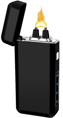 SKRFIRE Vindtät USB-uppladdningsbar elektrisk tändare – dubbel plasmabågändare med batteriskärm, flamlös och bärbar, säker för hem, utomhuscamping, grill och ljusbelysning (svart)