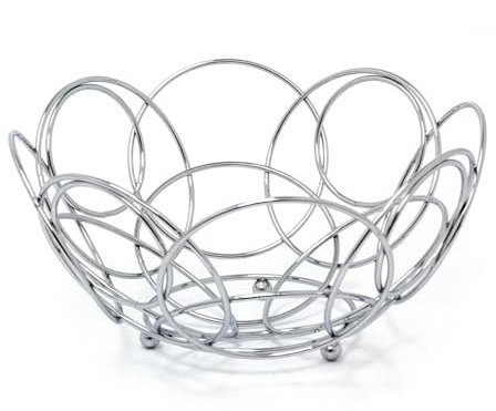 Carousel Home Chrome Round Wire Fruit Bowl | Silver Metal Large Fruit Basket | Fruit & Vegetable Kitchen Storage Basket - 26cm