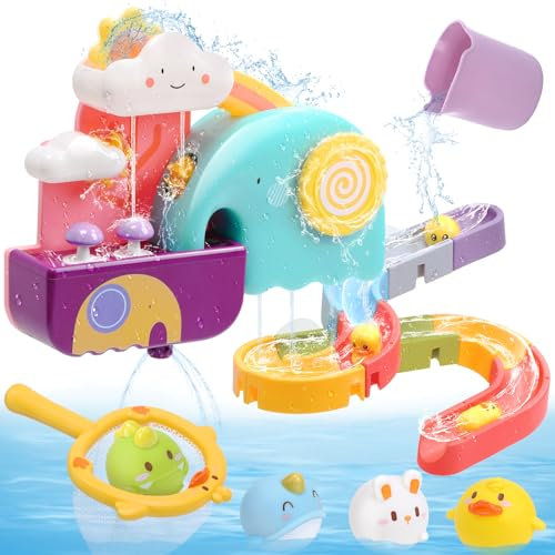 CUTE STONE Baby Badespielzeug, Badewannenspielzeug mit Wasserrutsche, schwimmendes Spritzspielzeug, Entenfischernetzspiel, Kleinkind-Duschspielzeug, Wasser- und Poolspielzeug
