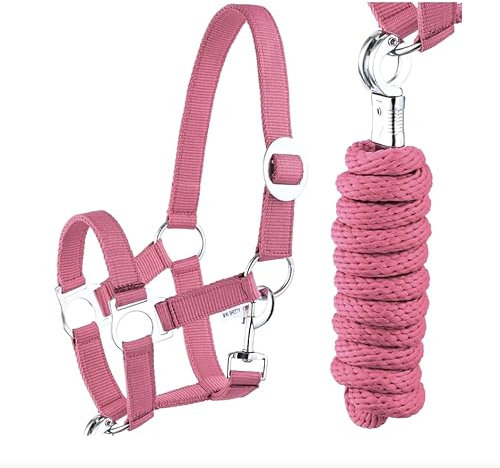 Halfter Führstrick Set mit Panikhaken verstellbar Pferdehalfter Pferd Holzpferd Anbindestrick (Panikhaken Pink, Pony)