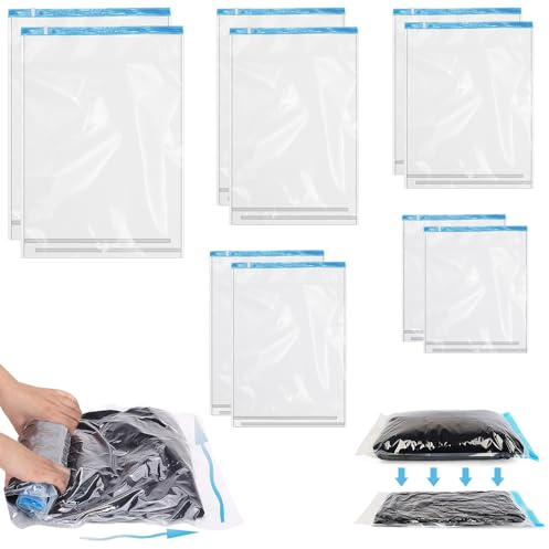 NAROSEBE Lot de 10 Sacs de Rangement sous Vide, Sac Sous Vide Roulé à la Main Sacs de Compression sous Vide Sac de Voyage sous Vide Housse de Rangement Aspirant Sac Sous Vide Vetement, 5 Tailles
