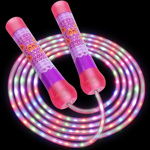 Jump Skipping Rope Kids, Adjustable Jump Rope with LED Glowing Skipping Rope for Home Exercise & Fitness & Sport Outdoor, Skipping Ropes Exercise for Men Women Kids (Pink-B)