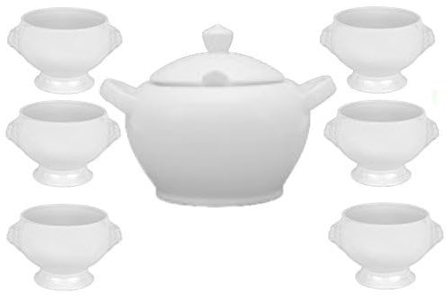 Van Well Set di terrina a testa di leone con coperchio in porcellana, 2,75 litri e 6 ciotole da 0,4 litri, colore bianco, classica terrina per zuppe o piatti one-pot – resistente al forno – qualità