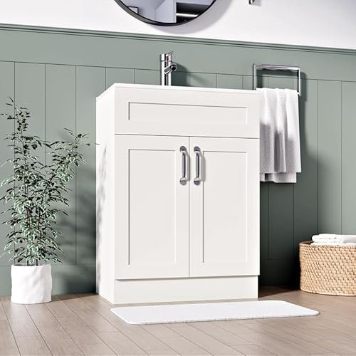 BELOFAY Vanity Unit With Basin | 600mm Floor Standing Bathroom Vanity Units With Basin | 1 Tap Hole Ceramic Bathroom Sink | Lacquered Finish | Waste Included (Crawley White)