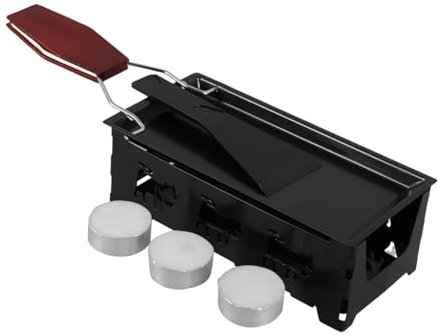 INOOMP Portable Raclette Pan Set Foldable Wooden Handle, Non-Stick Black Cheese Melter Griddle 3 Candle Heaters, Indoor and Outdoor Raclette Grill for Camping and Tabletop Use
