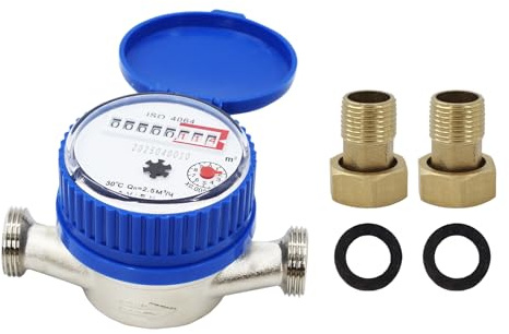 Contador de agua fría calibrada de 1/2 pulgadas con pantalla digital y puntero, contador de agua del grifo con accesorios de montaje y tapa protectora, contador de agua fría doméstica 0 – 40 °C