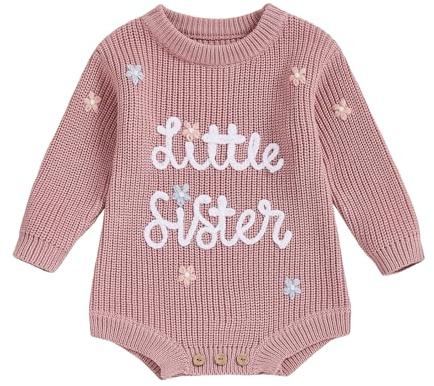 XIXIMAON Baby Girl Sweater Little Sister Flower Embroidery Long Sleeve Crew Neck Knitted Rompers Newborn Autumn Winter Bodysuits Girls Jumpsuit 0-12M (Rose Pink, newborn)