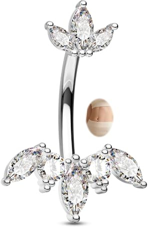 CM Crareesi Mania Piercing Nombril 14G Argent Belly Bar 316L Acier Chirurgical Percing au Nombril 10mm Piercing de Ventre Marquise CZ Clair pour Femmes