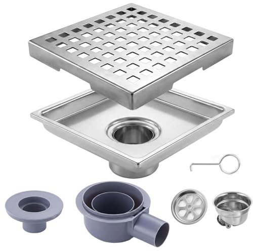 Bonde de Douche carrée,15x15cm Siphon Douche Salle de Bain en Acier Inoxydable 304,caniveau de Douche avec Grille carrée Amovible,Filtre à Cheveux 2 en 1,Convient aux salles de Bain,Cuisines,balcons