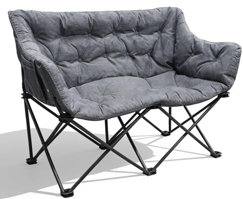 RELAX FIELD Double Camping Chair for Adults, Oversized Sofa 320KG, Grey | Heavy Duty Foldable, 2 Seater Padded Camp Couch, with Carry Bag Side Pocket, for Outdoor/Picnic/Garden/Fishing/Indoor/Dining