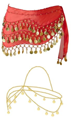 Ceinture Danse Orientale Femme,2PCS Foulard Danse du Ventre,Écharpes Hanche Danse Ventre Bijoux avec Chaîne de Tête Doré Fille Foulard Danse du Ventre,Echarpe de Danse Orientale pour Carnaval,Scène