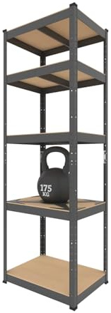 BAUSOKOL Metallregal 180x60x40 cm Schwarz – 5 MDF Böden – Tragkraft 875kg – Lagerregal, Werkstattregal, Kellerregal, Schwerlastregal, Steckregal, Kleines Regal